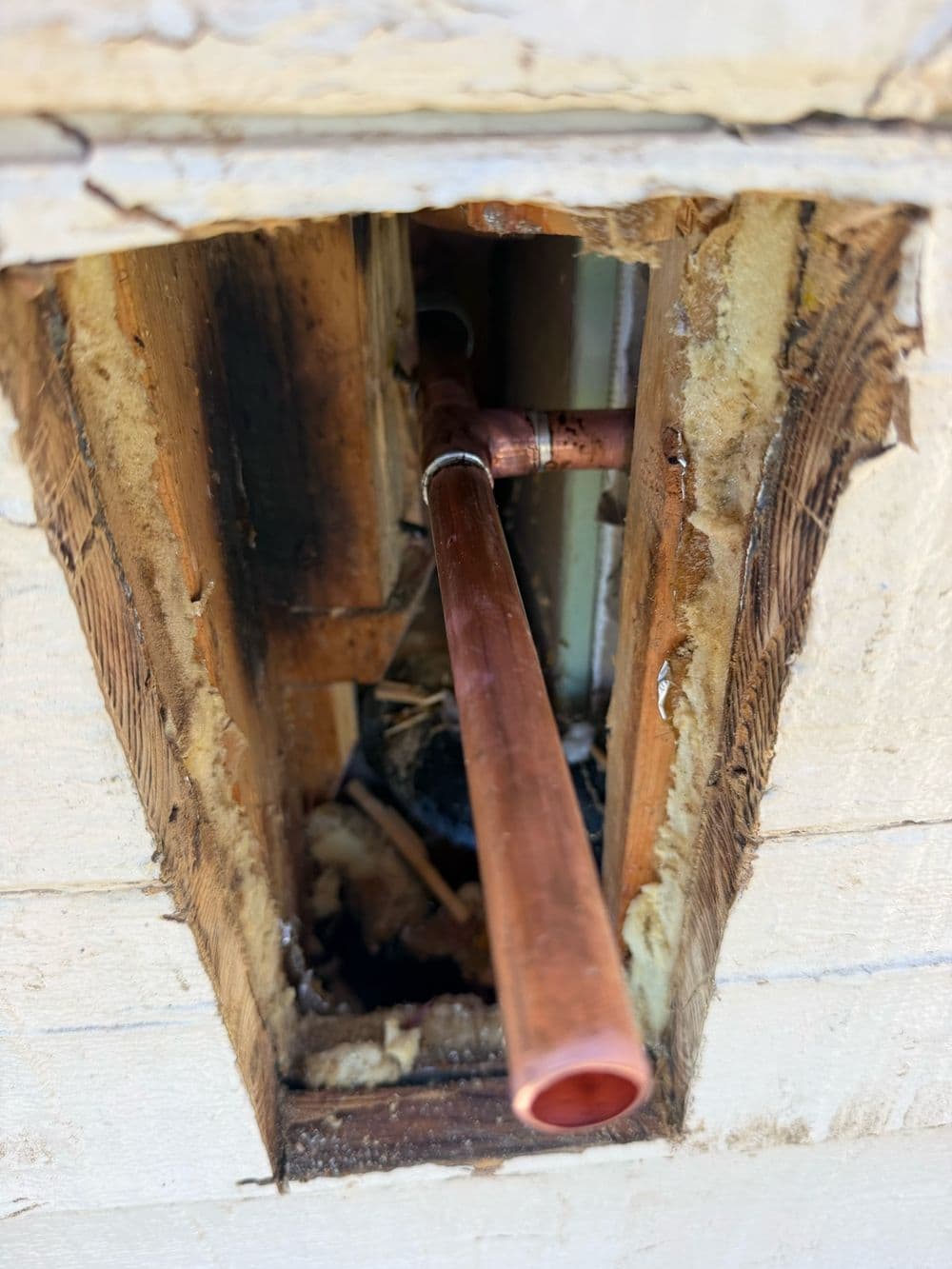 Wall opened to reach a leaking section of old copper pipe